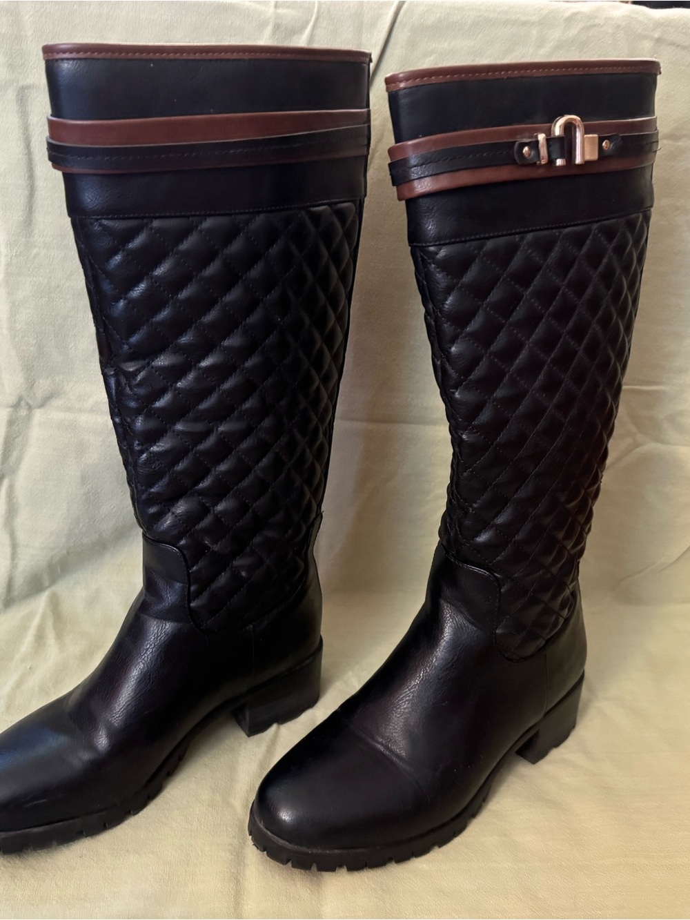 JustFab Black Quilted Knee-High Riding Boots with Brown Trim